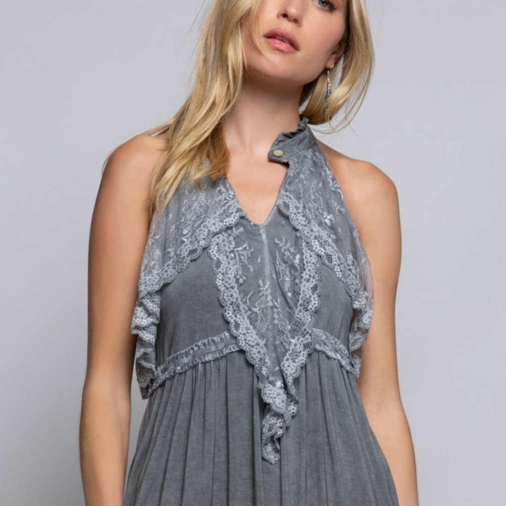POL Front Button Closure Ruffle Detail Halter - Picture 4 of 12